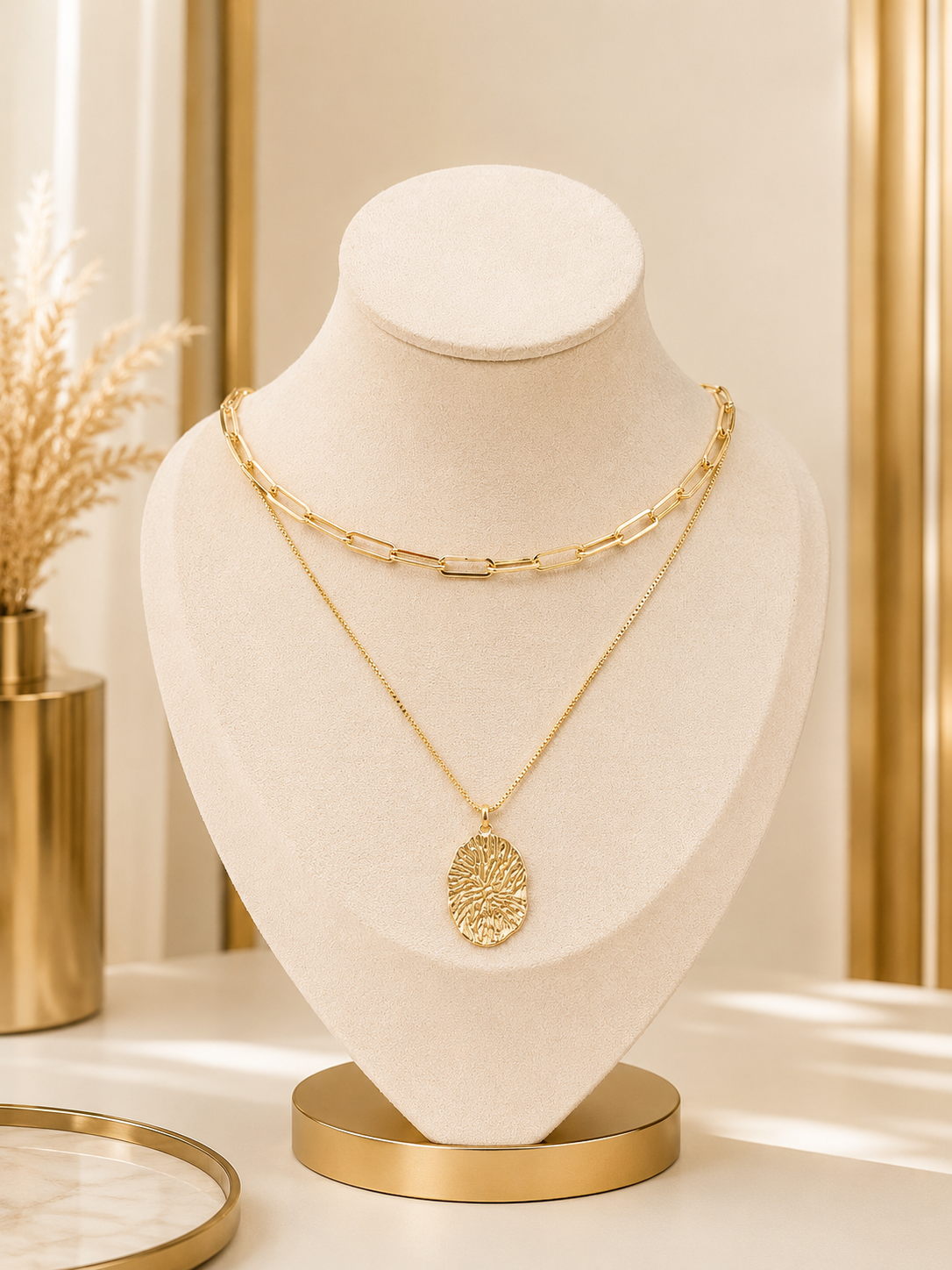 Gold Textured Charm Layered Necklace