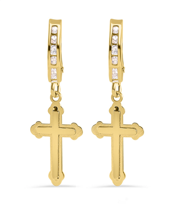 14 Karat Yellow Gold Cross Dangle Drop Earrings