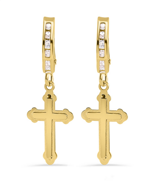 14 Karat Yellow Gold Cross Dangle Drop Earrings