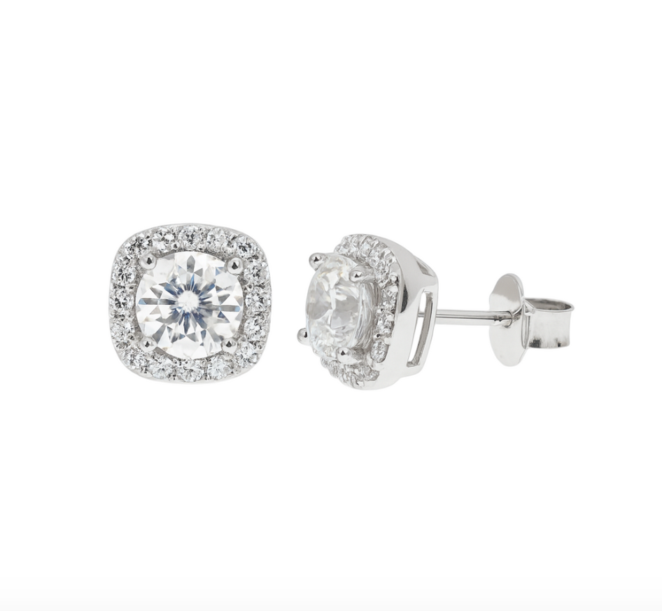 Rhodium Plated 925 Sterling Silver Moissanite Cushion Halo 7.6mm Stud Earring