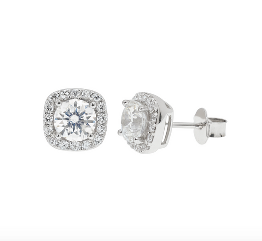Rhodium Plated 925 Sterling Silver Moissanite Cushion Halo 7.6mm Stud Earring